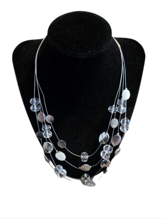 Jewelry - Multi-Strand Silver and Clear Bead Necklace - Fashion Women Jewelry